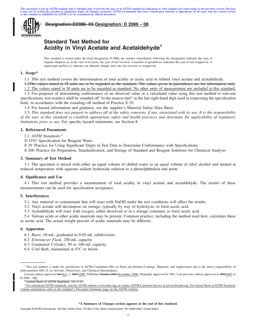 REDLINE ASTM D2086-08 - Standard Test Method for Acidity in Vinyl Acetate and Acetaldehyde