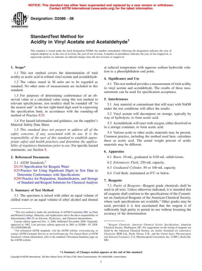 ASTM D2086-08 - Standard Test Method for Acidity in Vinyl Acetate and Acetaldehyde