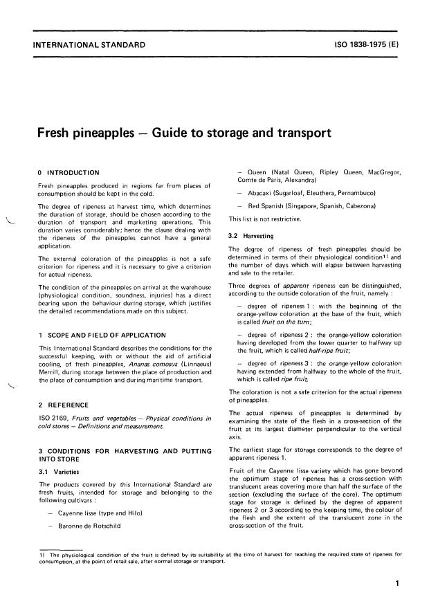 ISO 1838:1975 - Fresh pineapples -- Guide to storage and transport