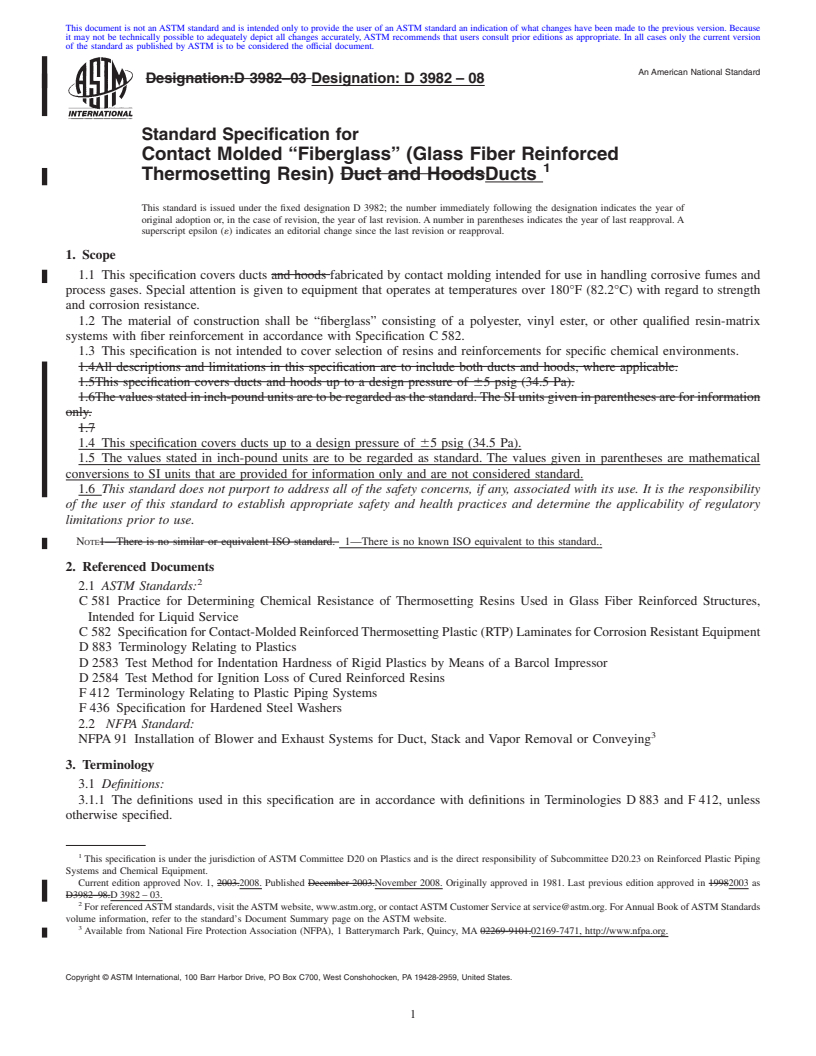 REDLINE ASTM D3982-08 - Standard Specification for Contact Molded <span class='unicode'>&#x201C;</span>Fiberglass<span class='unicode'>&#x201D;</span> (Glass Fiber Reinforced Thermosetting Resin) Ducts