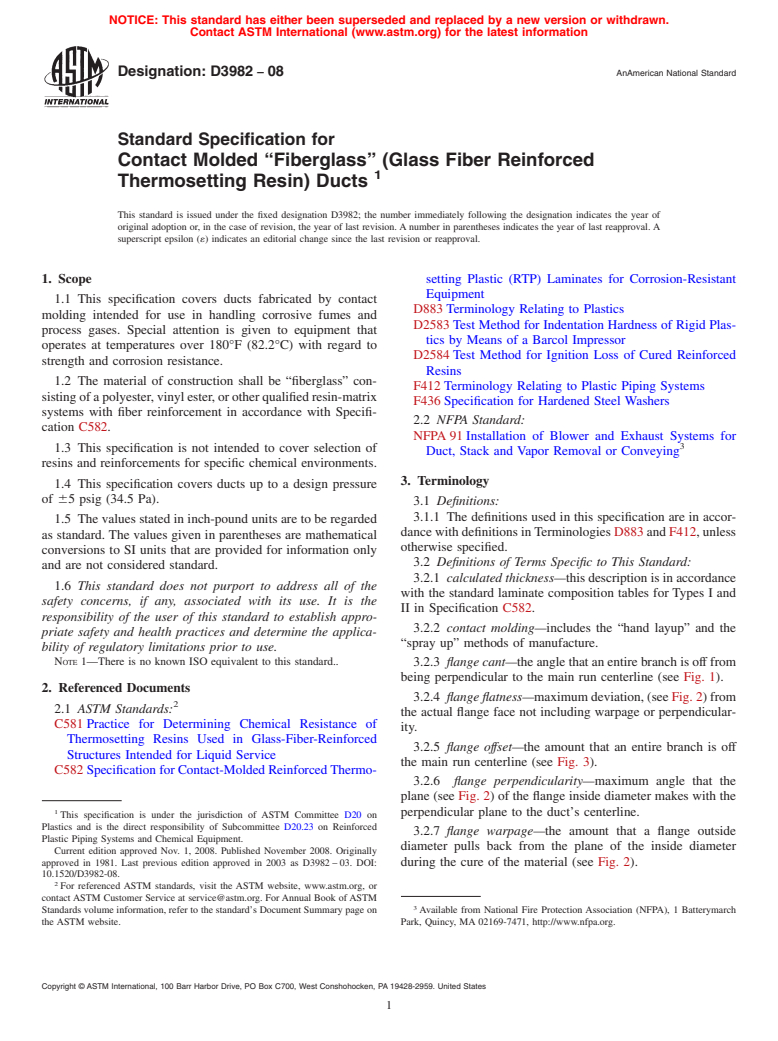 ASTM D3982-08 - Standard Specification for Contact Molded <span class='unicode'>&#x201C;</span>Fiberglass<span class='unicode'>&#x201D;</span> (Glass Fiber Reinforced Thermosetting Resin) Ducts