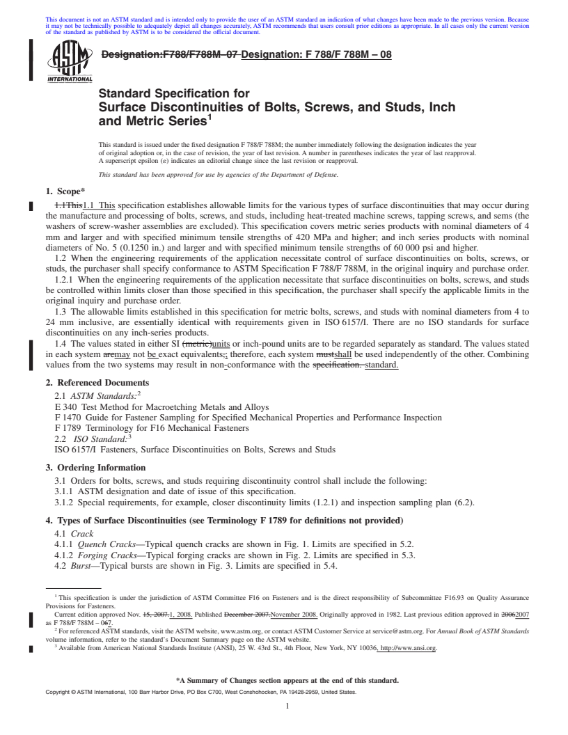 REDLINE ASTM F788/F788M-08 - Standard Specification for Surface Discontinuities of Bolts, Screws, and Studs, Inch and Metric Series