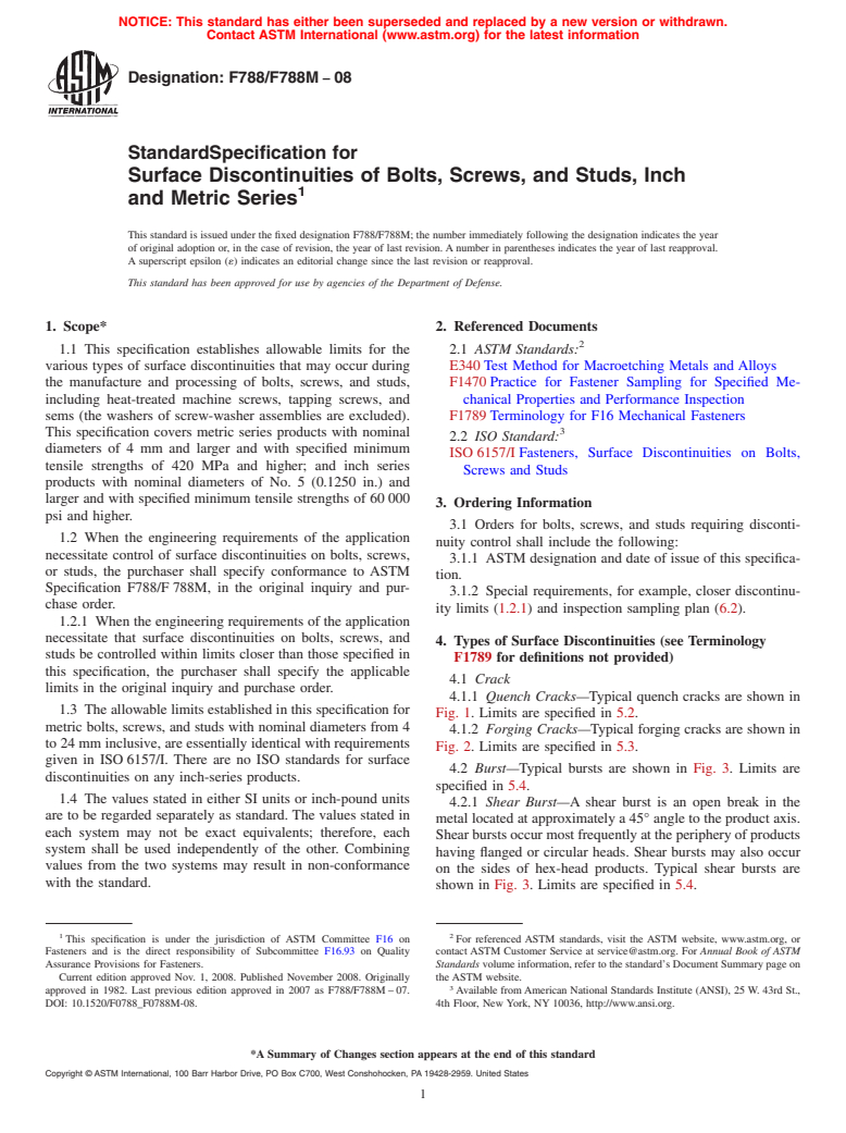 ASTM F788/F788M-08 - Standard Specification for Surface Discontinuities of Bolts, Screws, and Studs, Inch and Metric Series