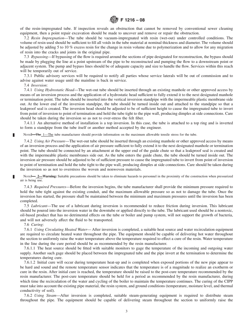 REDLINE ASTM F1216-08 - Standard Practice for Rehabilitation of Existing Pipelines and Conduits by the Inversion and Curing of a Resin-Impregnated Tube