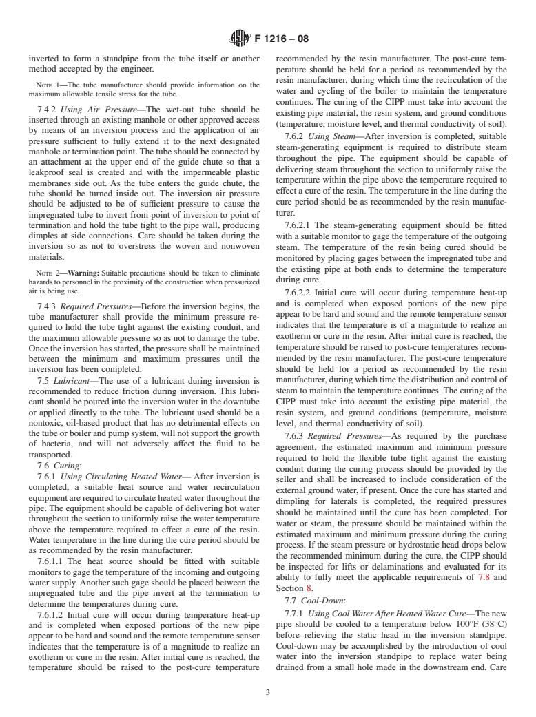 ASTM F1216-08 - Standard Practice for Rehabilitation of Existing Pipelines and Conduits by the Inversion and Curing of a Resin-Impregnated Tube