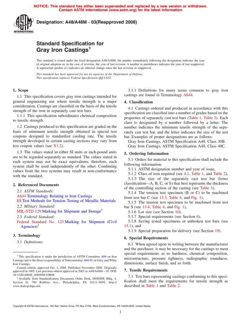 ASTM A48/A48M-03(2008) - Standard Specification for Gray Iron Castings