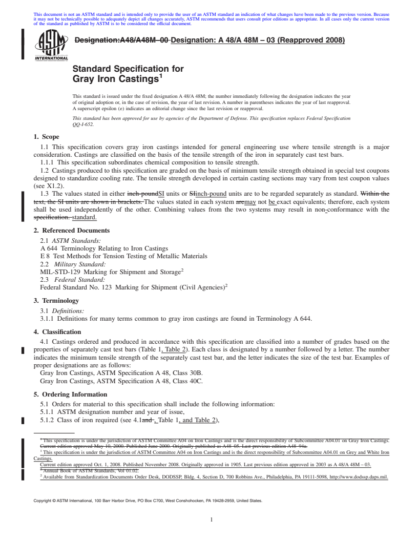 REDLINE ASTM A48/A48M-03(2008) - Standard Specification for Gray Iron Castings