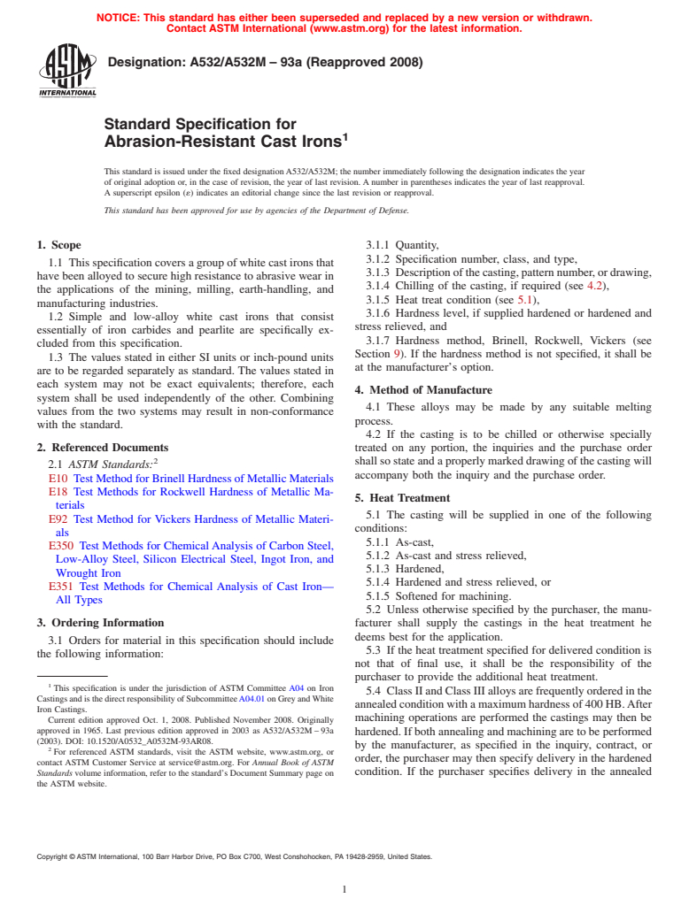 ASTM A532/A532M-93a(2008) - Standard Specification for Abrasion-Resistant Cast Irons