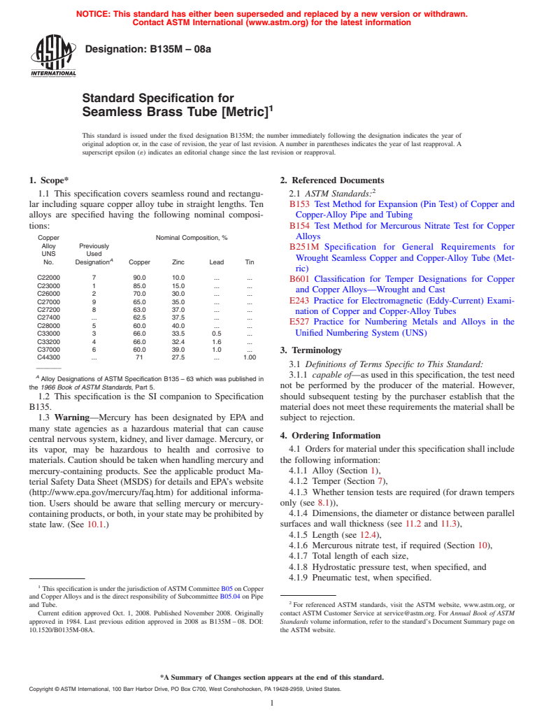 ASTM B135M-08a - Standard Specification for  Seamless Brass Tube [Metric]