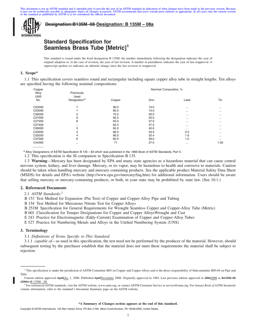 REDLINE ASTM B135M-08a - Standard Specification for  Seamless Brass Tube [Metric]