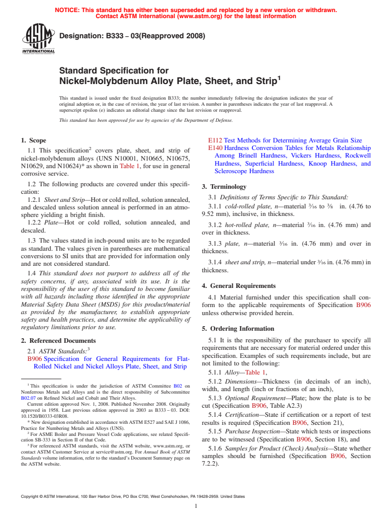 ASTM B333-03(2008) - Standard Specification for Nickel-Molybdenum Alloy Plate, Sheet, and Strip