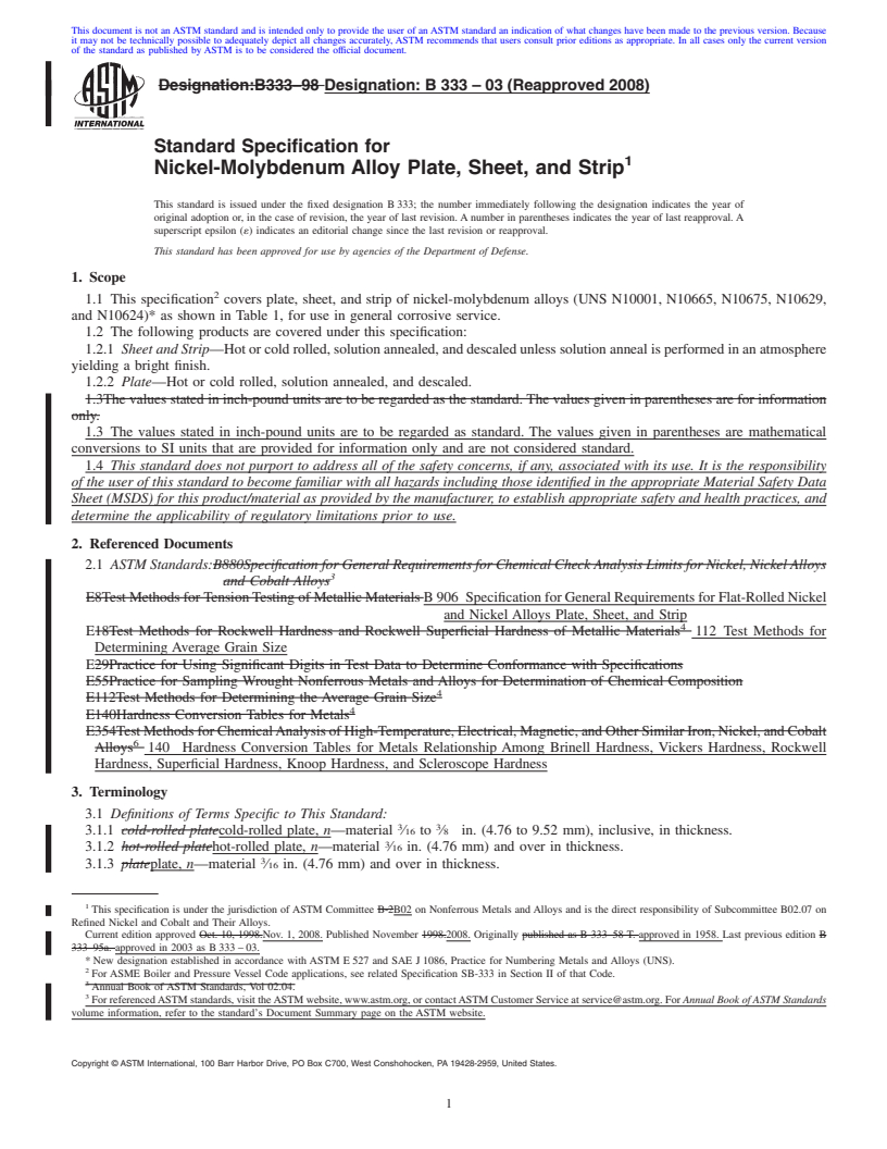 REDLINE ASTM B333-03(2008) - Standard Specification for Nickel-Molybdenum Alloy Plate, Sheet, and Strip