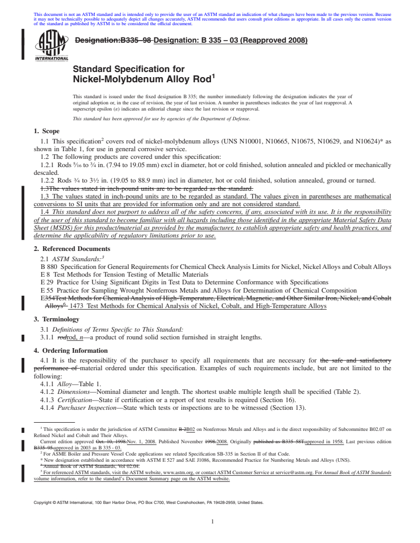 REDLINE ASTM B335-03(2008) - Standard Specification for Nickel-Molybdenum Alloy Rod