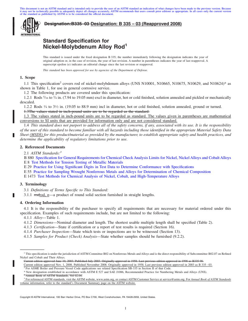 REDLINE ASTM B335-03(2008) - Standard Specification for Nickel-Molybdenum Alloy Rod