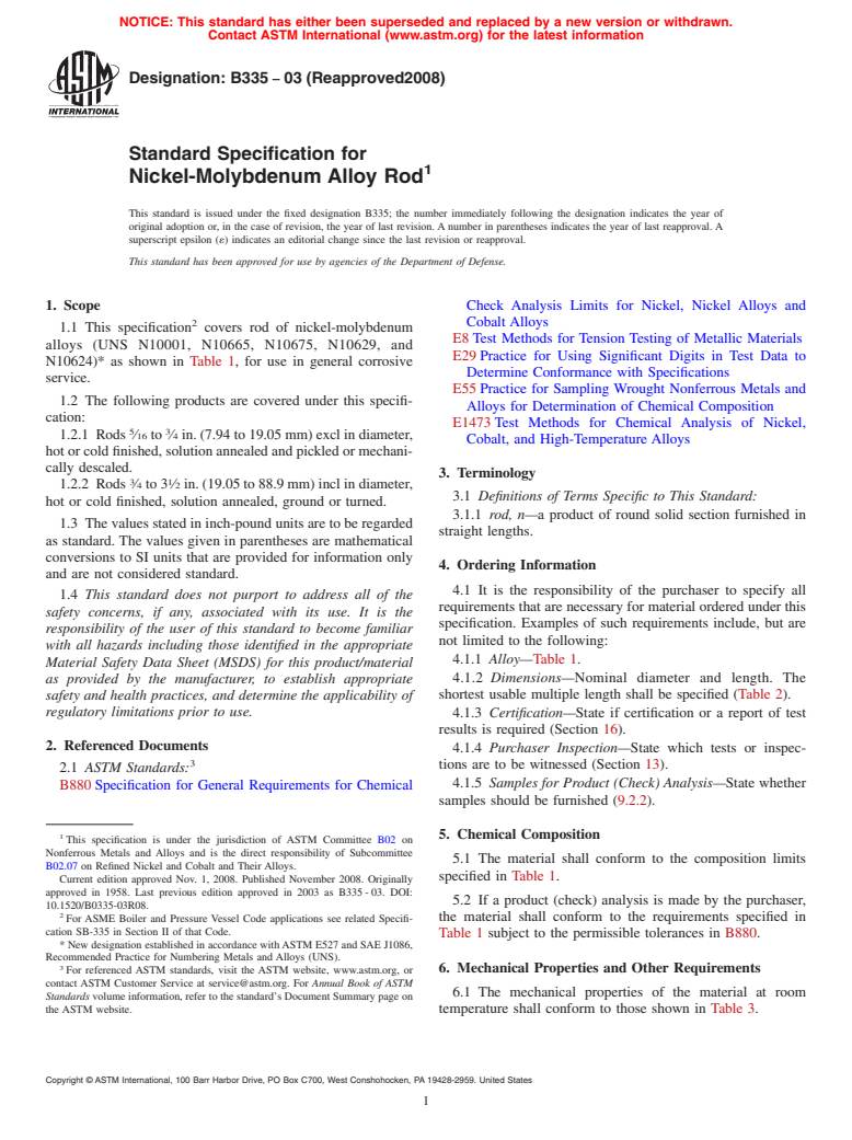 ASTM B335-03(2008) - Standard Specification for Nickel-Molybdenum Alloy Rod