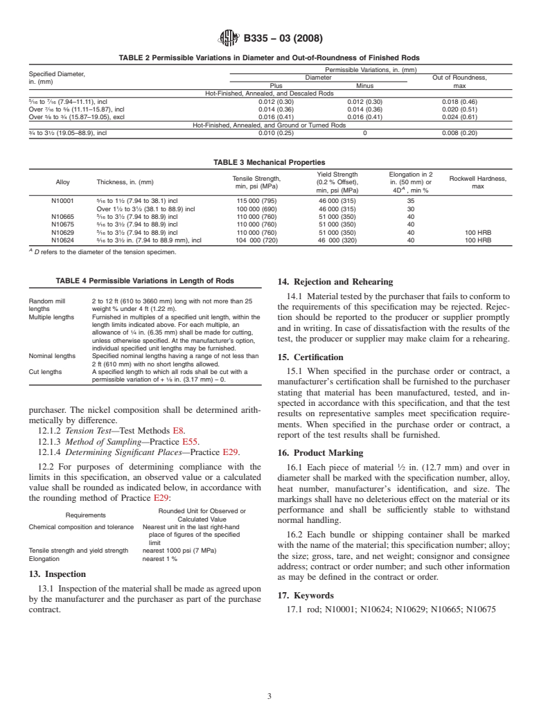 ASTM B335-03(2008) - Standard Specification for Nickel-Molybdenum Alloy Rod