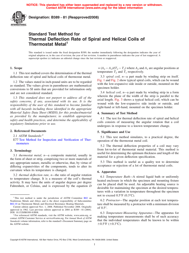 ASTM B389-81(2008) - Standard Test Method for Thermal Deflection Rate of Spiral and Helical Coils of Thermostat Metal