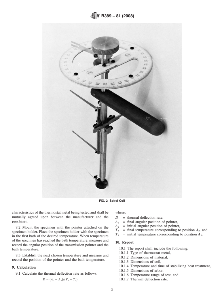 ASTM B389-81(2008) - Standard Test Method for Thermal Deflection Rate of Spiral and Helical Coils of Thermostat Metal