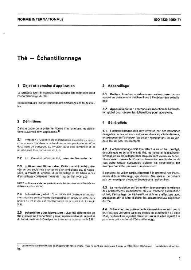 ISO 1839:1980 - Thé -- Échantillonnage
