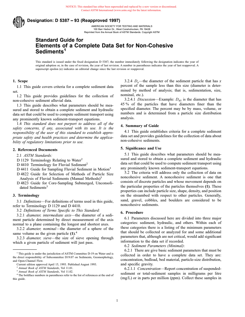 ASTM D5387-93(1997) - Standard Guide for Elements of a Complete Data Set for Non-Cohesive Sediments