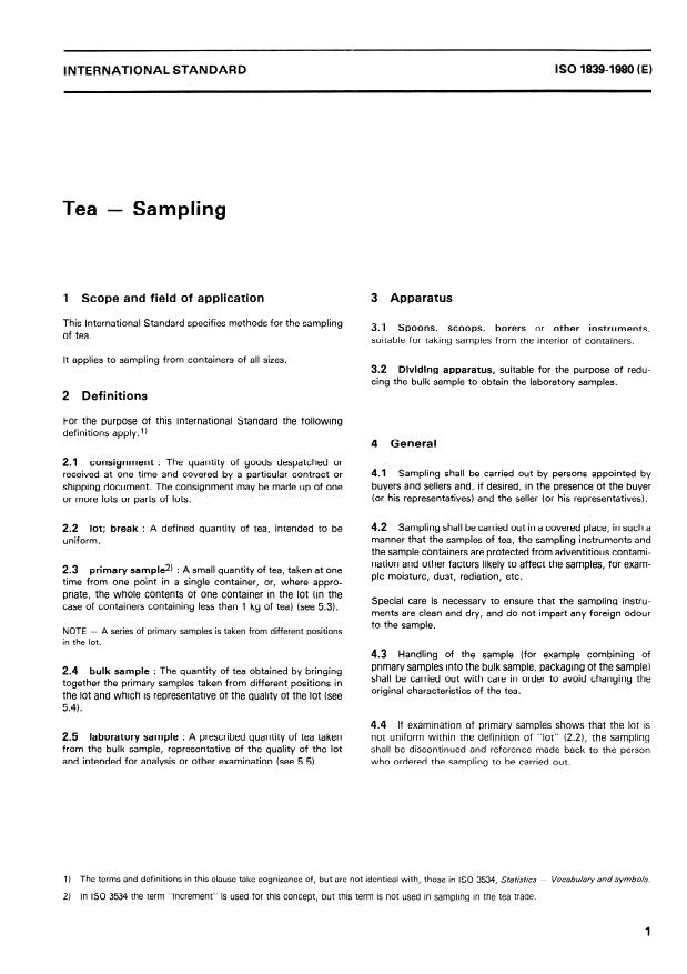 ISO 1839:1980 - Tea -- Sampling
