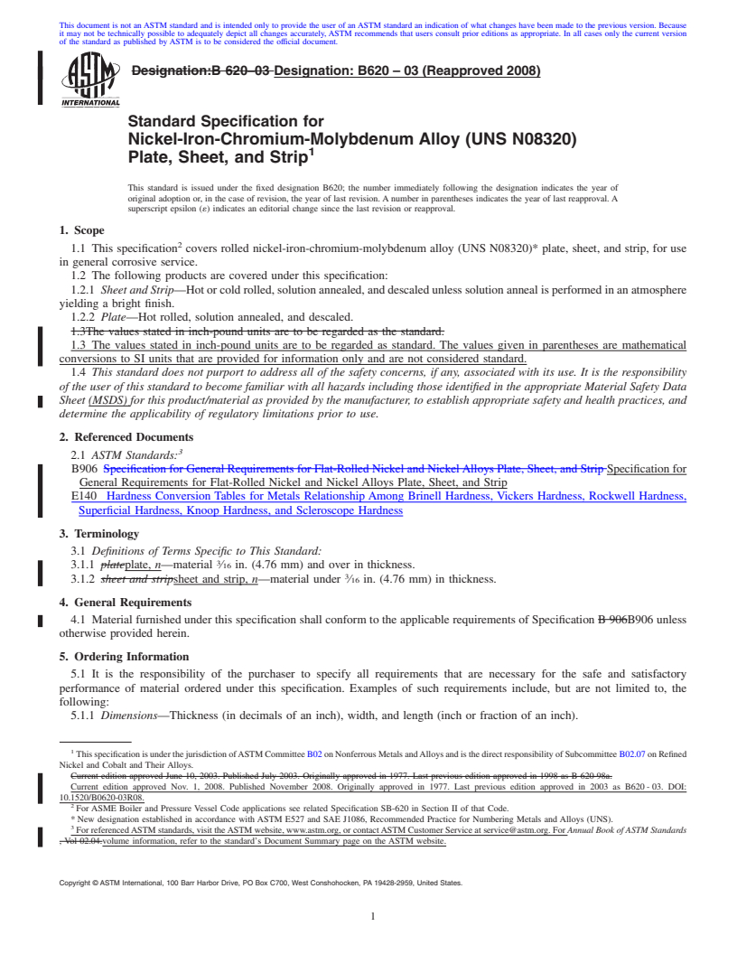 REDLINE ASTM B620-03(2008) - Standard Specification for Nickel-Iron-Chromium-Molybdenum Alloy (UNS N08320) Plate, Sheet, and Strip