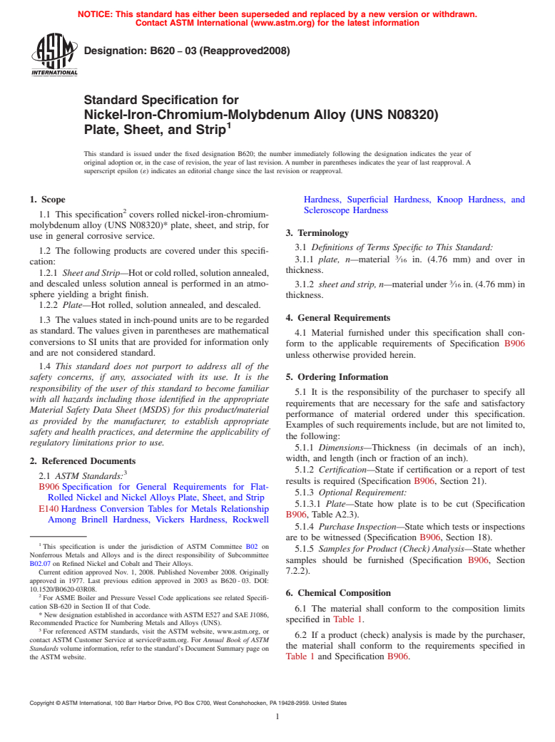 ASTM B620-03(2008) - Standard Specification for Nickel-Iron-Chromium-Molybdenum Alloy (UNS N08320) Plate, Sheet, and Strip