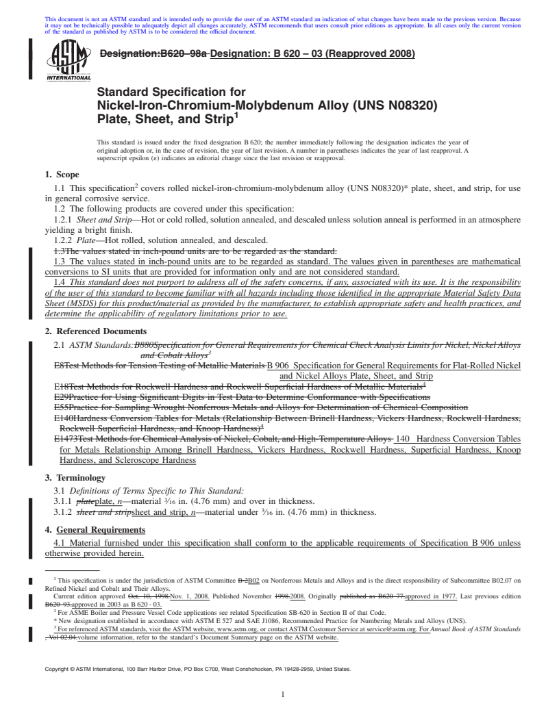 REDLINE ASTM B620-03(2008) - Standard Specification for Nickel-Iron-Chromium-Molybdenum Alloy (UNS N08320) Plate, Sheet, and Strip