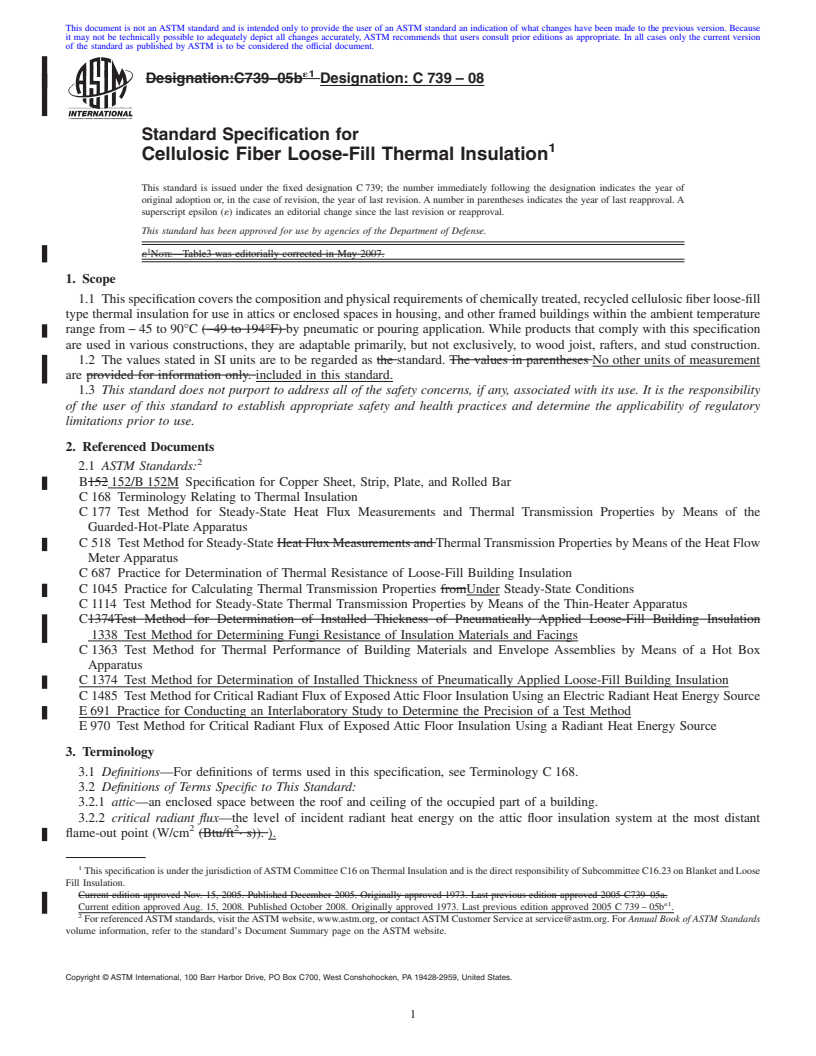 REDLINE ASTM C739-08 - Standard Specification for Cellulosic Fiber Loose-Fill Thermal Insulation