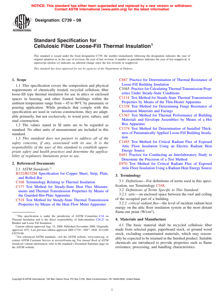 ASTM C739-08 - Standard Specification for Cellulosic Fiber Loose-Fill Thermal Insulation