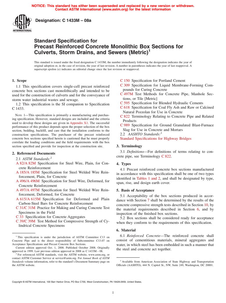 ASTM C1433M-08a - Standard Specification for Precast Reinforced Concrete Monolithic Box Sections for Culverts, Storm Drains, and Sewers (Metric)