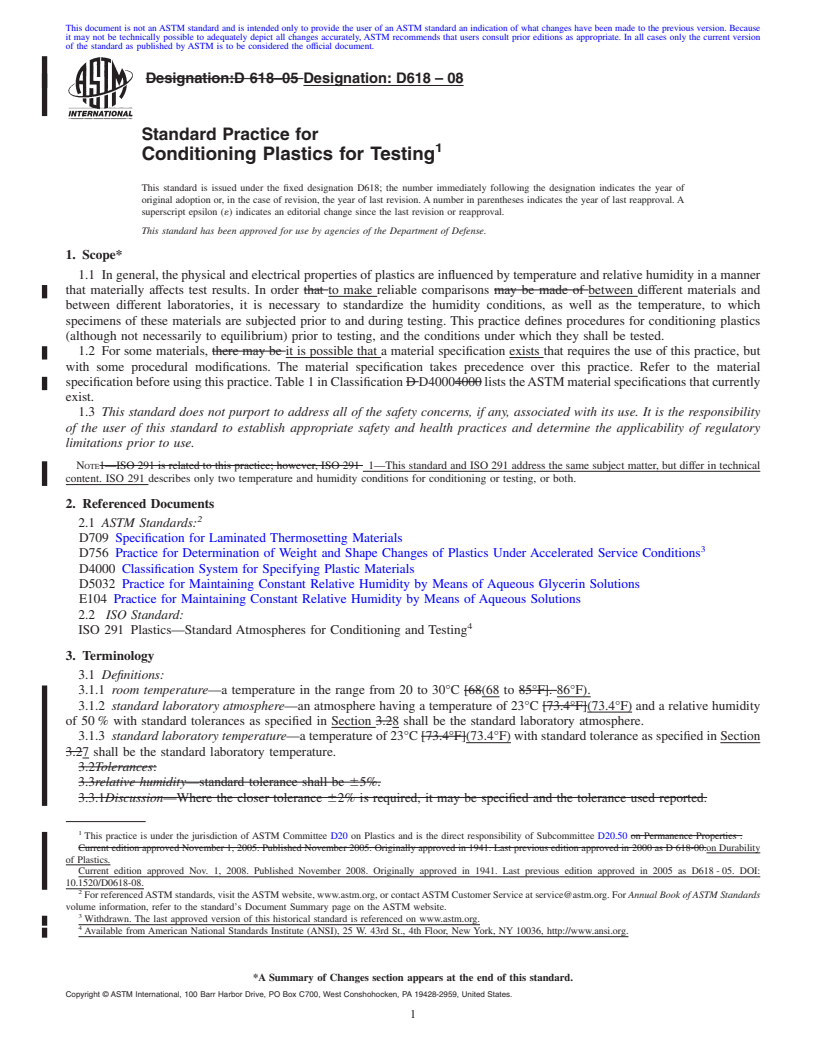 REDLINE ASTM D618-08 - Standard Practice for Conditioning Plastics for Testing