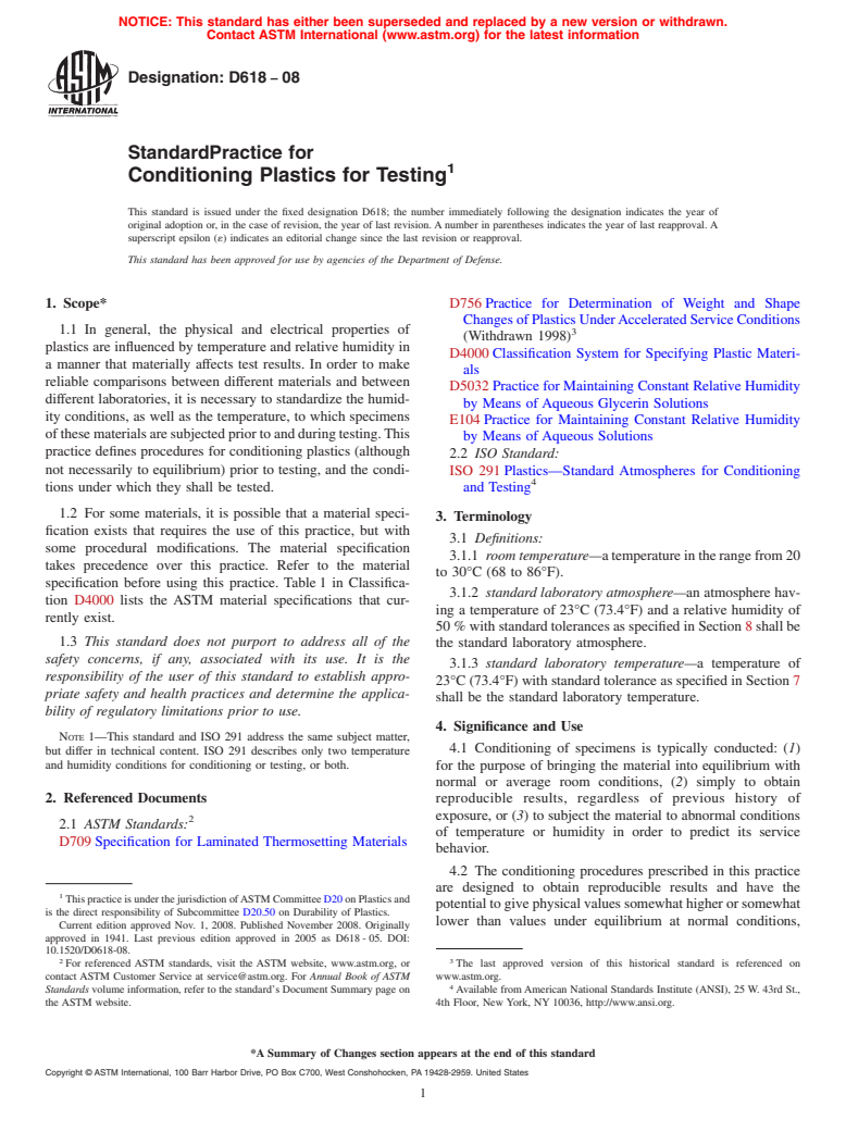 ASTM D618-08 - Standard Practice for Conditioning Plastics for Testing