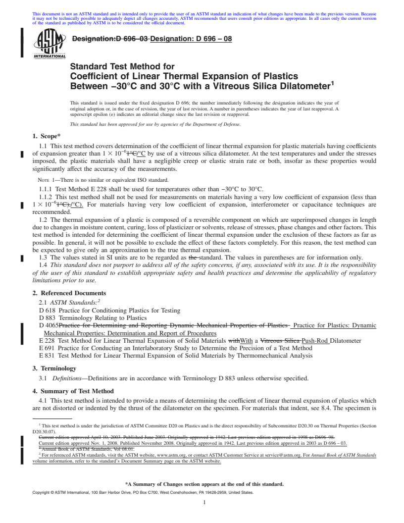 REDLINE ASTM D696-08 - Standard Test Method for Coefficient of Linear Thermal Expansion of Plastics Between -30&#176C and 30&#176C With a Vitreous Silica Dilatometer