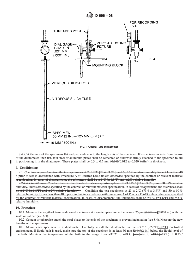 REDLINE ASTM D696-08 - Standard Test Method for Coefficient of Linear Thermal Expansion of Plastics Between -30&#176C and 30&#176C With a Vitreous Silica Dilatometer