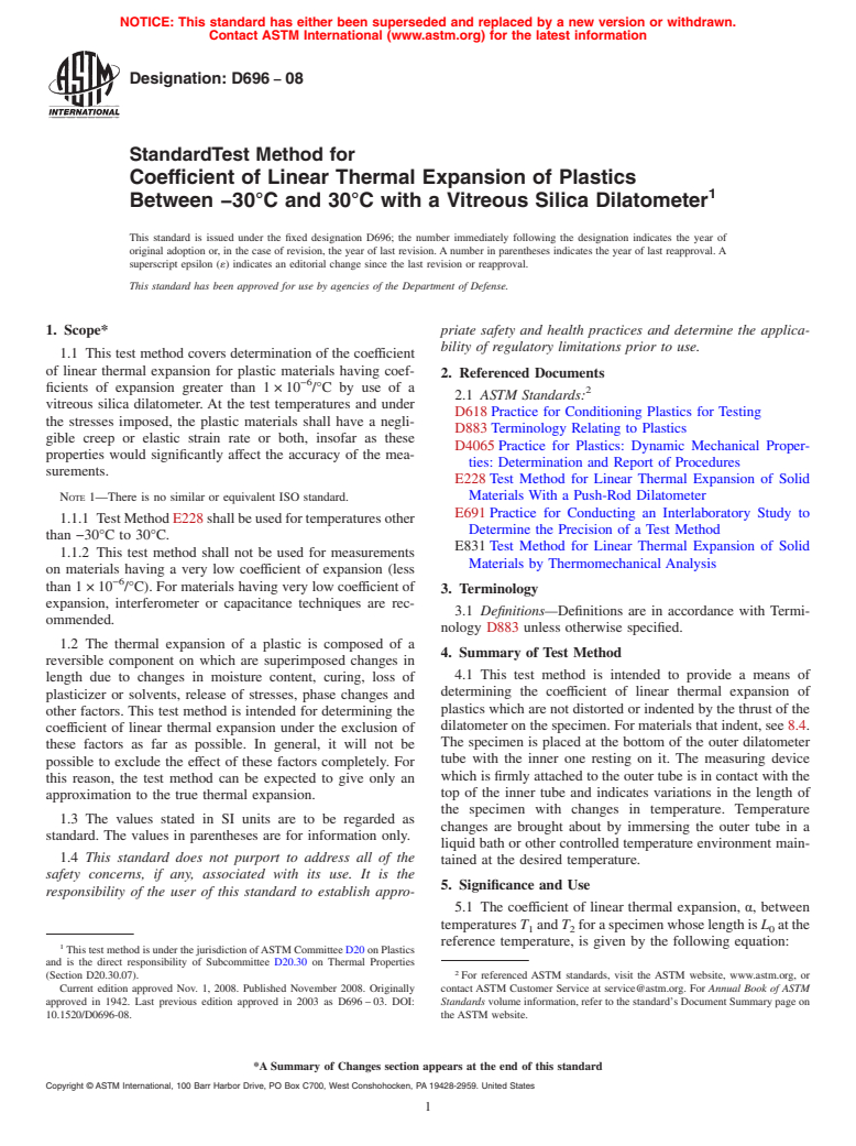 ASTM D696-08 - Standard Test Method for Coefficient of Linear Thermal Expansion of Plastics Between -30&#176C and 30&#176C With a Vitreous Silica Dilatometer