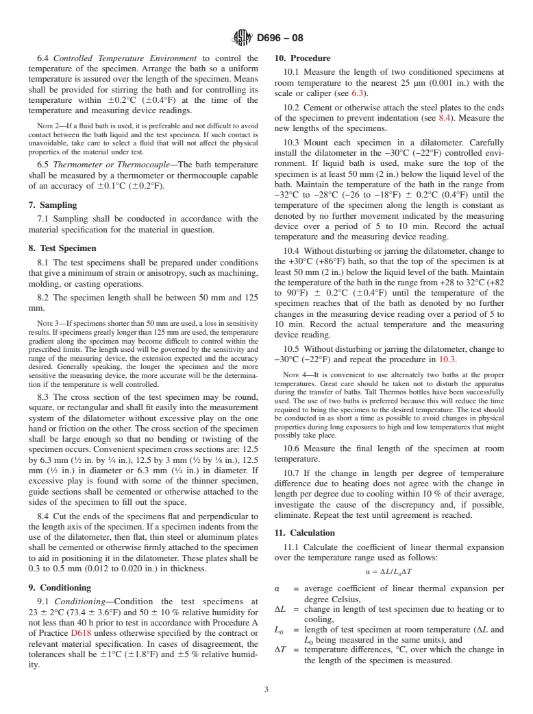 ASTM D696-08 - Standard Test Method for Coefficient of Linear Thermal Expansion of Plastics Between -30&#176C and 30&#176C With a Vitreous Silica Dilatometer