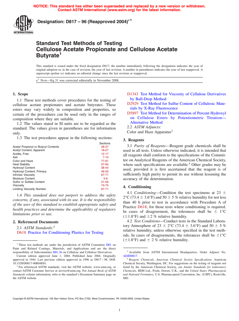 ASTM D817-96(2004)e1 - Standard Test Methods of Testing Cellulose Acetate Propionate and Cellulose Acetate Butyrate