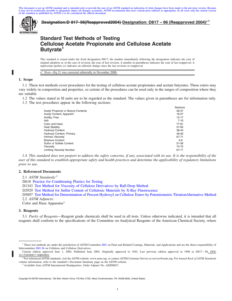 REDLINE ASTM D817-96(2004)e1 - Standard Test Methods of Testing Cellulose Acetate Propionate and Cellulose Acetate Butyrate