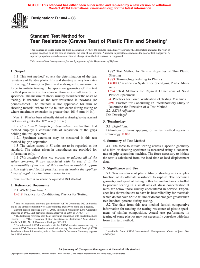 ASTM D1004-08 - Standard Test Method for Tear Resistance (Graves Tear) of Plastic Film and Sheeting