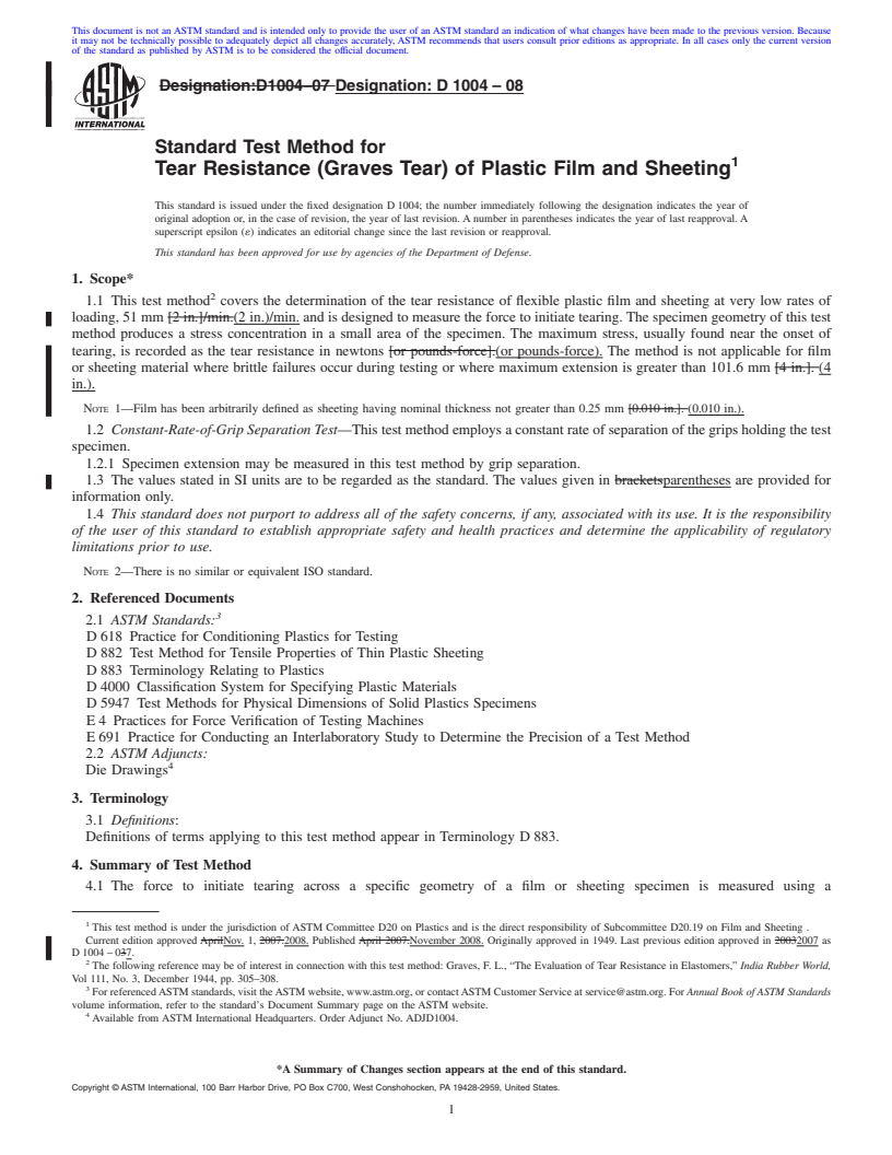 REDLINE ASTM D1004-08 - Standard Test Method for Tear Resistance (Graves Tear) of Plastic Film and Sheeting