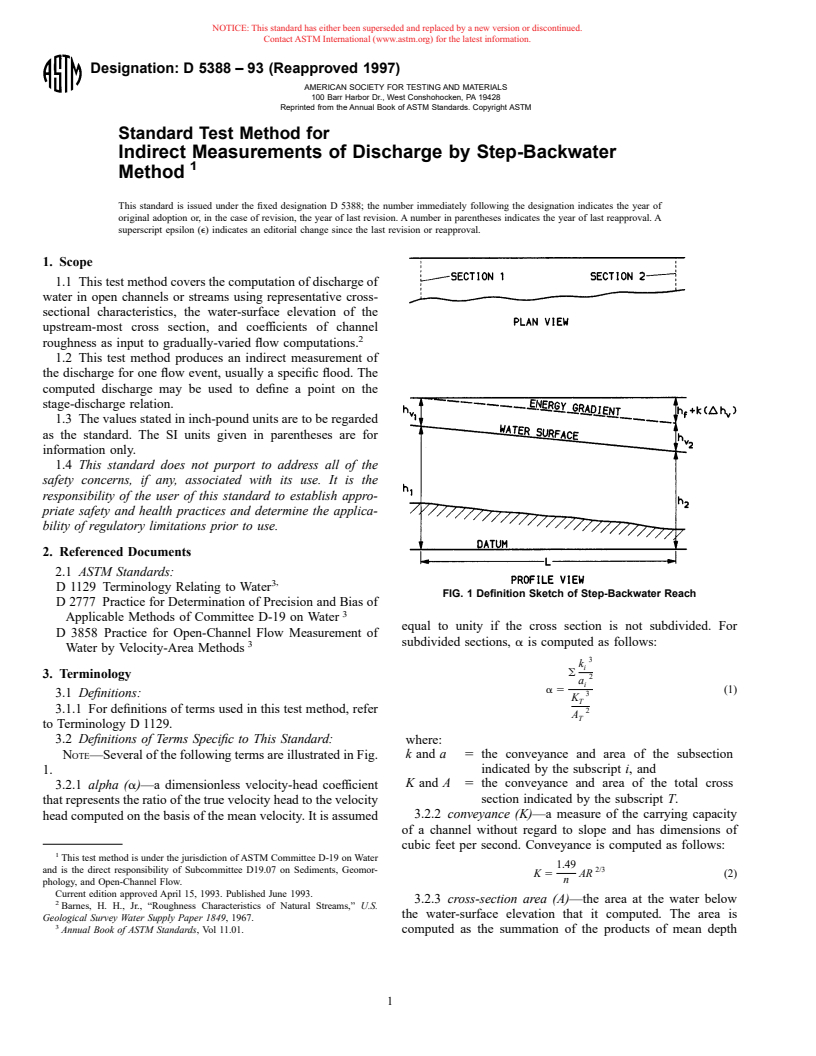 ASTM D5388-93(1997) - Standard Test Method for Indirect Measurements of Discharge by Step-Backwater Method