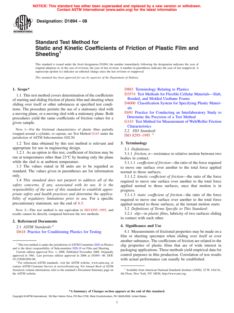 ASTM D1894-08 - Standard Test Method for Static and Kinetic Coefficients of Friction of Plastic Film and Sheeting