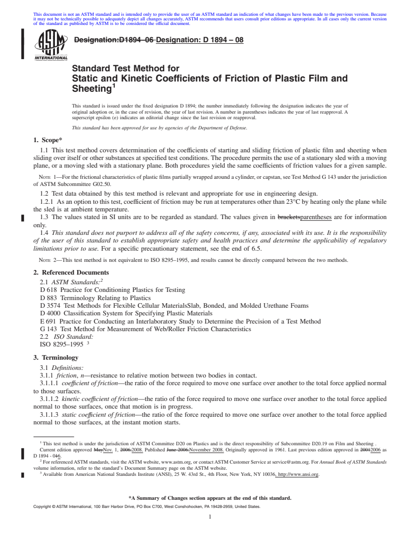 REDLINE ASTM D1894-08 - Standard Test Method for Static and Kinetic Coefficients of Friction of Plastic Film and Sheeting