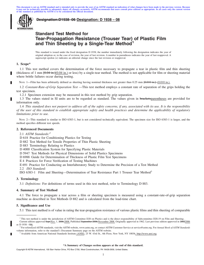 REDLINE ASTM D1938-08 - Standard Test Method for Tear-Propagation Resistance (Trouser Tear) of Plastic Film and Thin Sheeting by a Single-Tear Method
