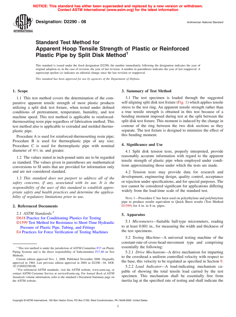 ASTM D2290-08 - Standard Test Method for Apparent Hoop Tensile Strength of Plastic or Reinforced Plastic Pipe by Split Disk Method