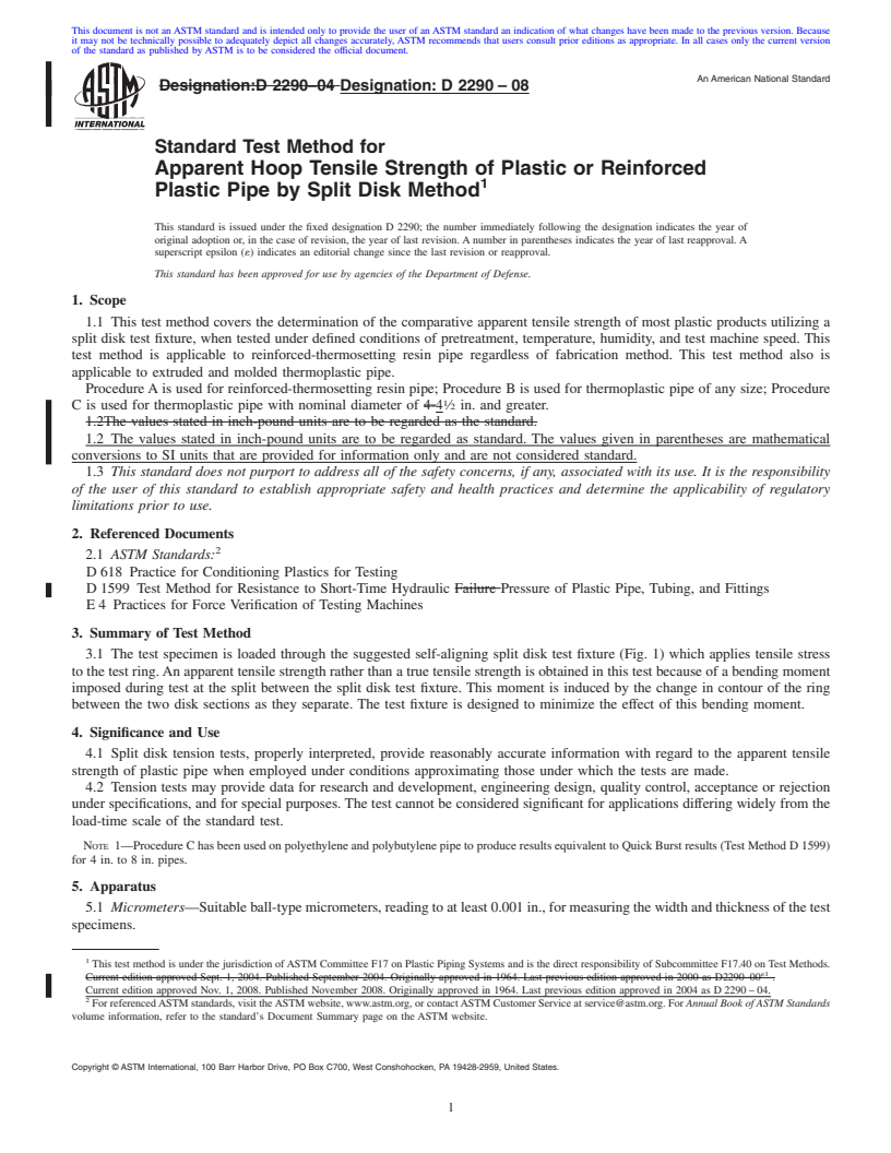 REDLINE ASTM D2290-08 - Standard Test Method for Apparent Hoop Tensile Strength of Plastic or Reinforced Plastic Pipe by Split Disk Method