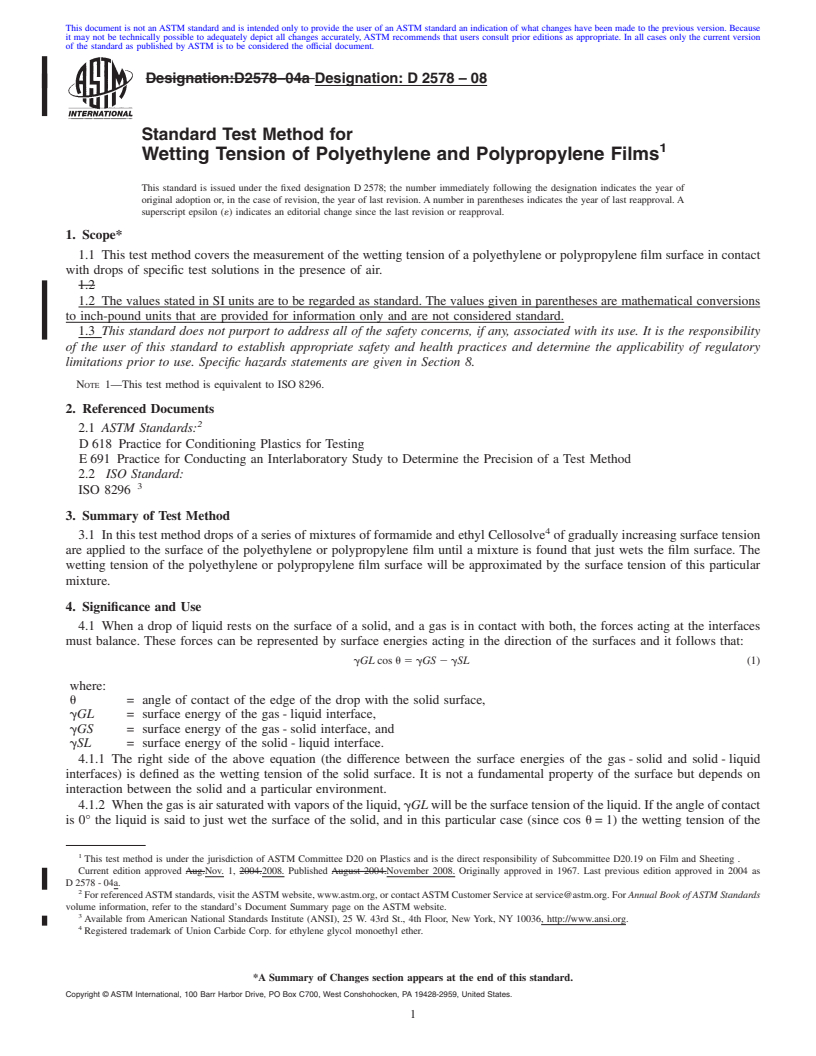 REDLINE ASTM D2578-08 - Standard Test Method for Wetting Tension of Polyethylene and Polypropylene Films