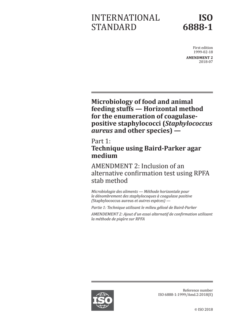 ISO 6888-1:1999/Amd 2:2018 ISO 6888-1:1999/Amd 2:2018 - Microbiology of food and animal feeding stuffs — Horizontal method for the enumeration of coagulase-positive staphylococci (Staphylococcus aureus and other species) — Part 1: Technique using Baird-Parker agar medium — Amendment 2: Inclusion of an alternative confirmation test using RPFA stab method
Released:7/4/2018