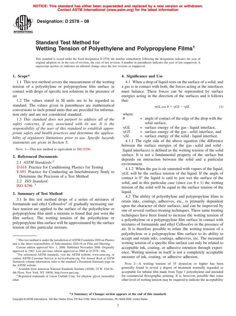 ASTM D2578-08 - Standard Test Method for Wetting Tension of Polyethylene and Polypropylene Films